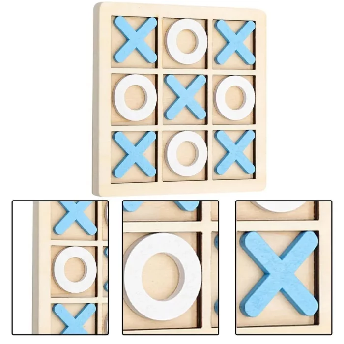 Le produit : Tic Tac Toe en bois.
La phrase : Un Tic Tac Toe en bois avec des lettres bleues et blanches.