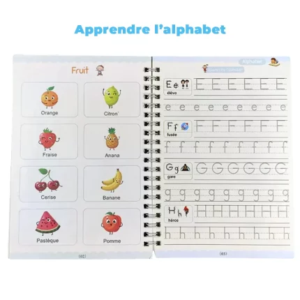 Un Cahier Magique Numéro en Français avec l'image d'un fruit et des alphabets en français.